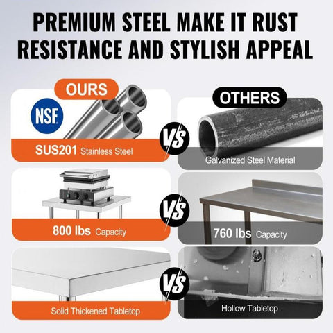 Stainless Steel Prep Table, 24 x 48 x 34 Inch, Heavy Duty Metal Worktable with 3 Adjustable Height Levels, Commercial Workstation for Kitchen Garage Restaurant Backyard