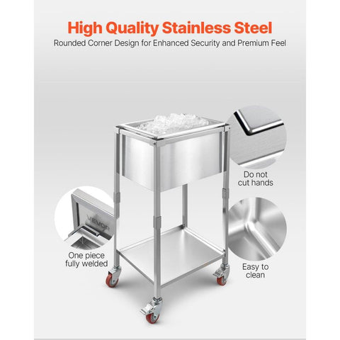 Rolling Ice Chest Cooler Cart, 22"L x 16"W x 38"H Stainless Steel Cooling Bin on Wheels, 32.8 Quart Outdoor Stand Up Cooler Trolley with Shelf, for Patio Backyard Party Bar Cold Drinks