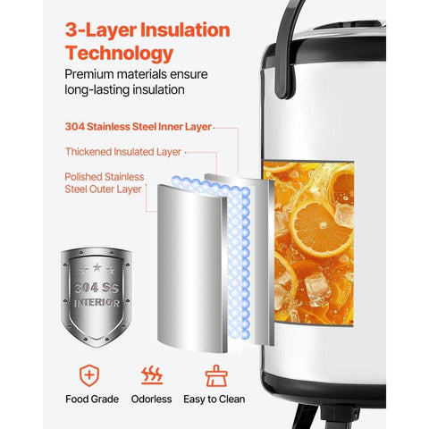 Insulated Beverage Dispenser, 3.2 Gal/12L Stainless Steel Thermal Drink Server with Spigot & Temp Display, Suitable for Hot and Cold Drinks, for Tea Coffee Water in Cafes & Restaurants, Silver