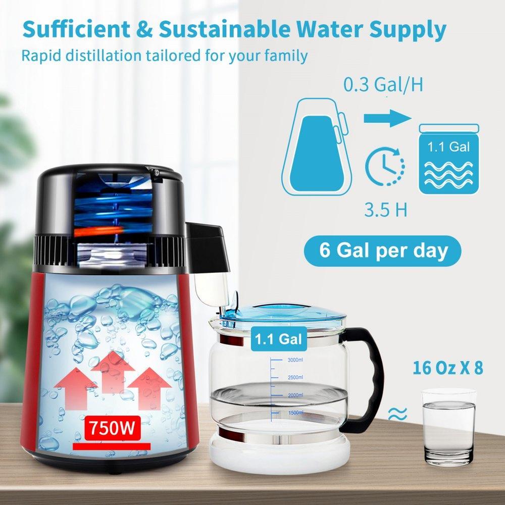 1.1Gal Water Distiller, 0.3Gal/H, 750W Distilled Water Maker Machine 0-99H Timing Setting Temp Display, 304 Stainless Steel Countertop Distiller Glass Carafe Cleaning Powder 3 Carbon Packs, Red