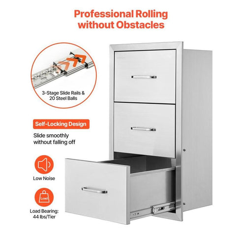 Outdoor Kitchen Drawers, 18.5"W x 22.5"H x 22.5"D Triple Access Drawers, Stainless Steel Flush Mount Cabinets, BBQ Island Drawers Storage with Handle, for Outdoor Kitchens or Patio Grill Station