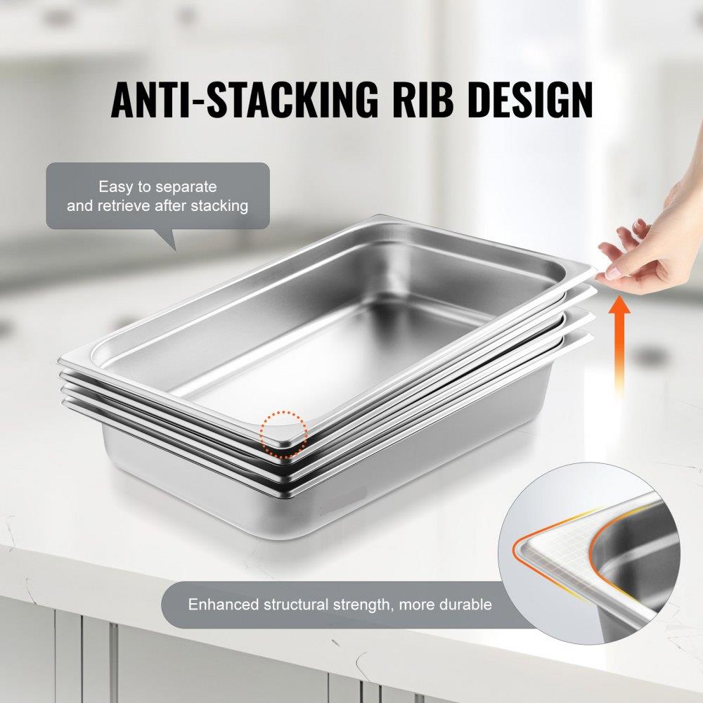 4 Pack Full Size Hotel Pans with Lids, 4" Deep 0.8mm Thick Stainless Steel Anti-Jam Steam Table Pans for Catering, Buffet & Commercial Kitchen