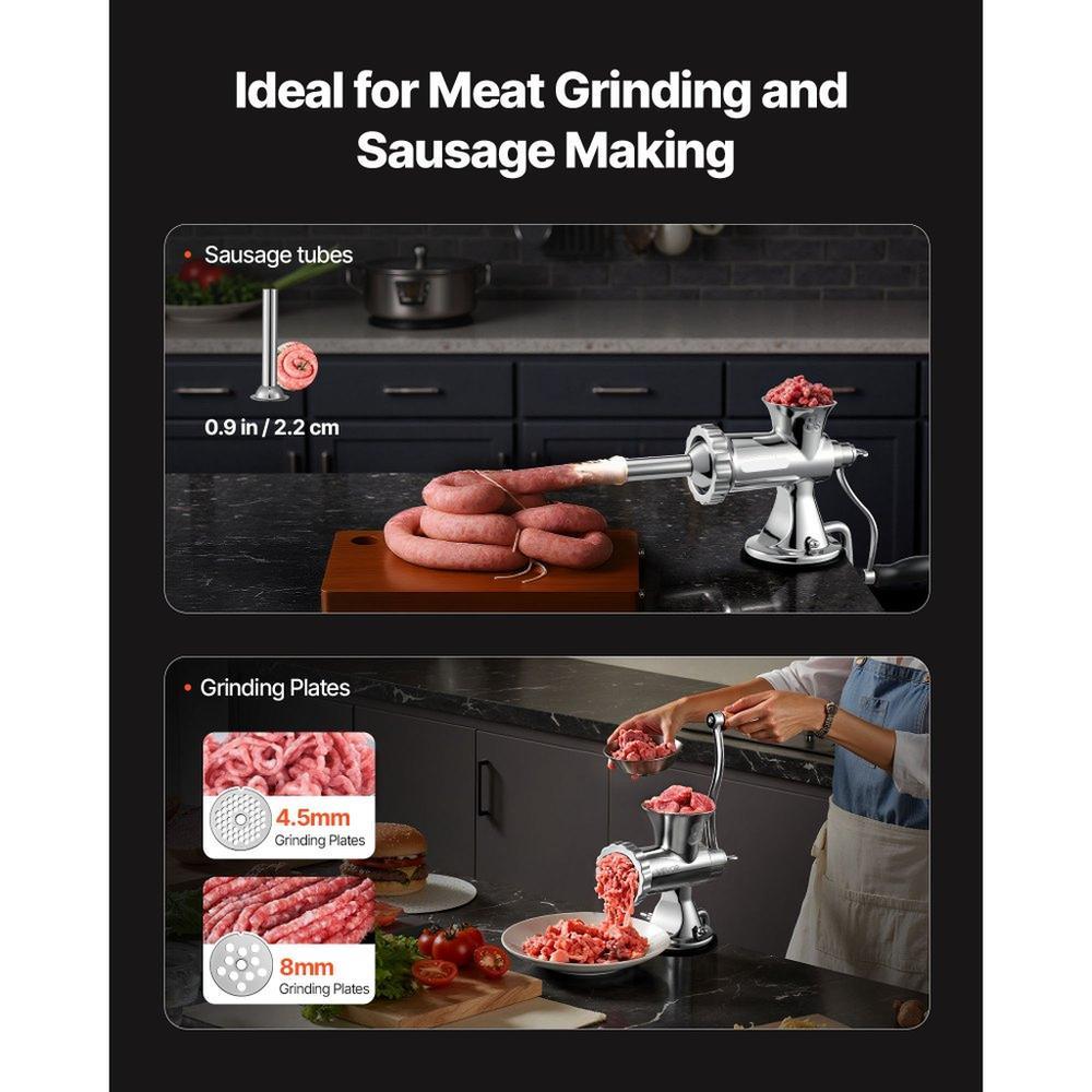 Manual Meat Grinder, 304 Stainless Steel Hand Meat Grinder with Suction Cup + Steel Table Clamp, Meat Mincer Sausage Maker & 2 Cutting Plates, Sausage Tube, Grinding Head for Beef Pepper Cookie