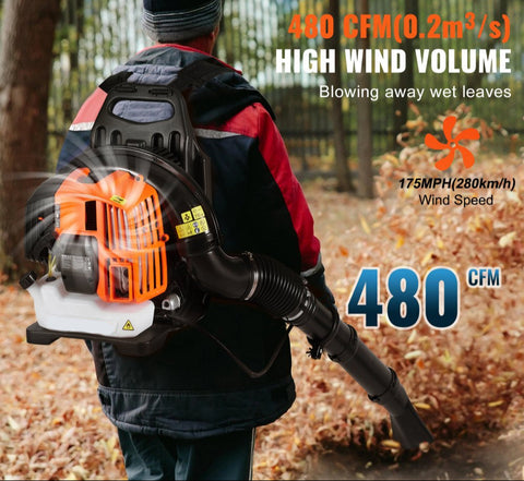Backpack Leaf Blower 52cc 2 Cycle with 1.37L Fuel Tank 480CFM Air Volume 175MPH Speed for Lawn Care Leaf Cleaning Snow Removal