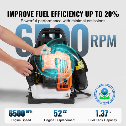 Backpack Leaf Blower 52cc 2 Cycle with 1.37L Fuel Tank 480CFM Air Volume 175MPH Speed for Lawn Care Leaf Cleaning Snow Removal