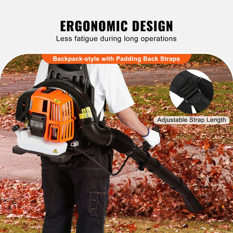Backpack Leaf Blower 52cc 2 Cycle with 1.37L Fuel Tank 480CFM Air Volume 175MPH Speed for Lawn Care Leaf Cleaning Snow Removal