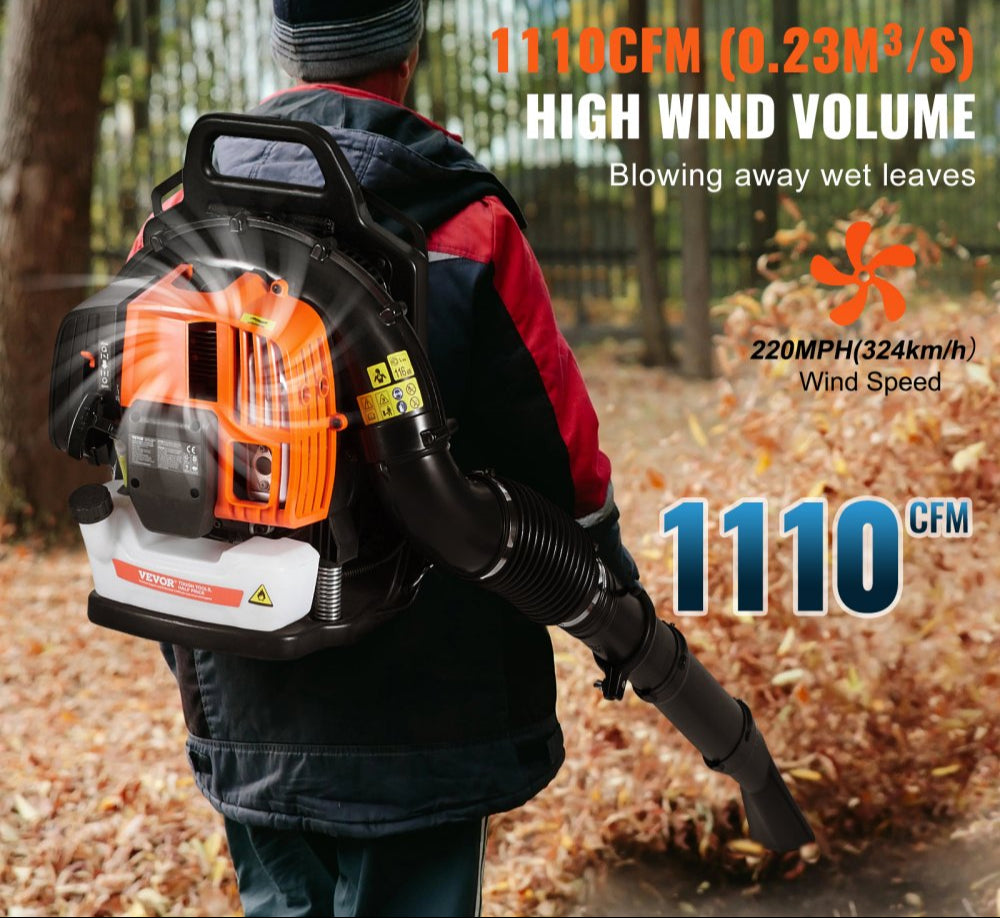 Backpack Leaf Blower 62CC 2-Cycle Gas Leaf Blower 1110CFM Air Volume