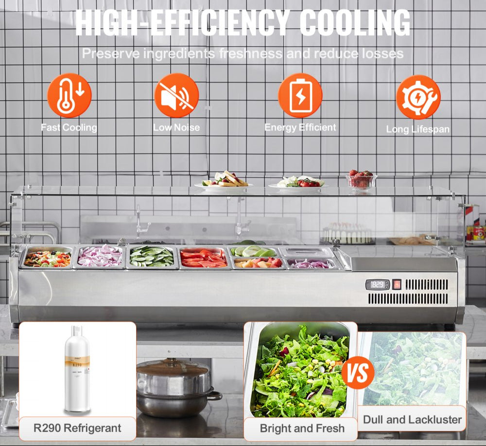 150W countertop refrigerated condiment station with 4 1/3 pans and 4 1/6 pans, 304 stainless steel body and PC lid with glass protector