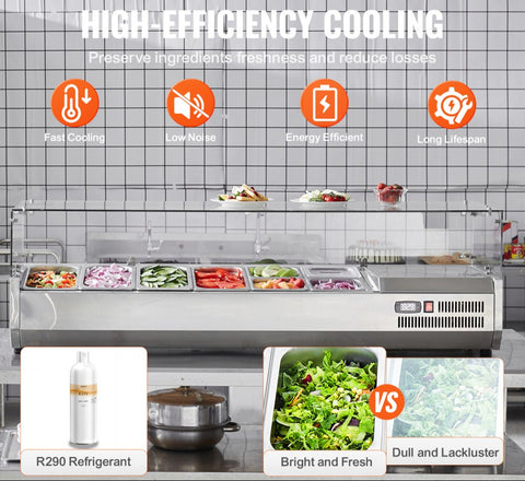 150W countertop refrigerated condiment station with 4 1/3 pans and 4 1/6 pans, 304 stainless steel body and PC lid with glass protector