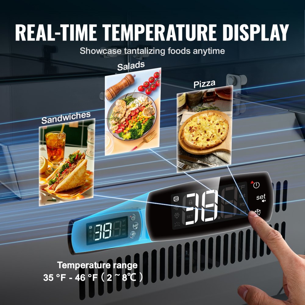 150W countertop refrigerated condiment station with 4 1/3 pans and 4 1/6 pans, 304 stainless steel body and PC lid with glass protector