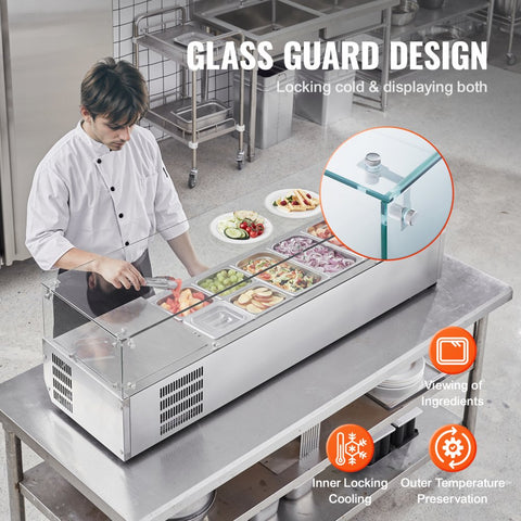 150W countertop refrigerated condiment station with 4 1/3 pans and 4 1/6 pans, 304 stainless steel body and PC lid with glass protector