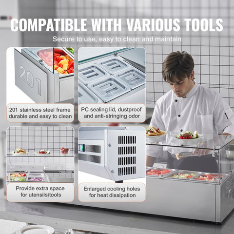 150W countertop refrigerated condiment station with 4 1/3 pans and 4 1/6 pans, 304 stainless steel body and PC lid with glass protector