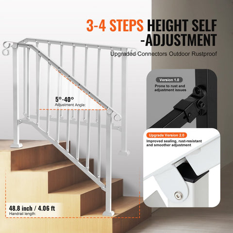 3-4 Step Handrails for Outdoor for Seniors Porch Deck Retro Arch White