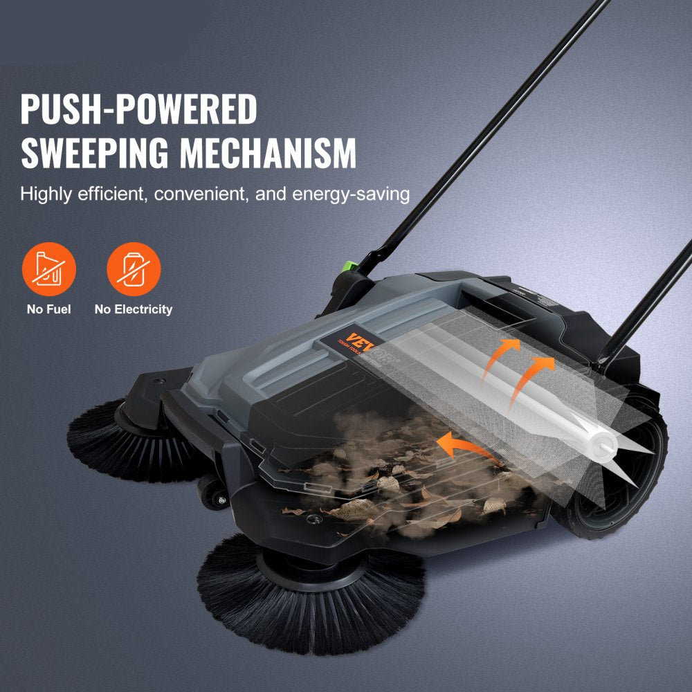 Walk-behind floor sweeper with 25.6-inch 5-gallon dustbin, folding handle with adjustable angle and height