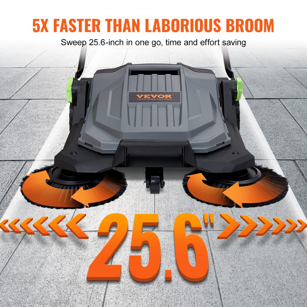 Walk-behind floor sweeper with 25.6-inch 5-gallon dustbin, folding handle with adjustable angle and height
