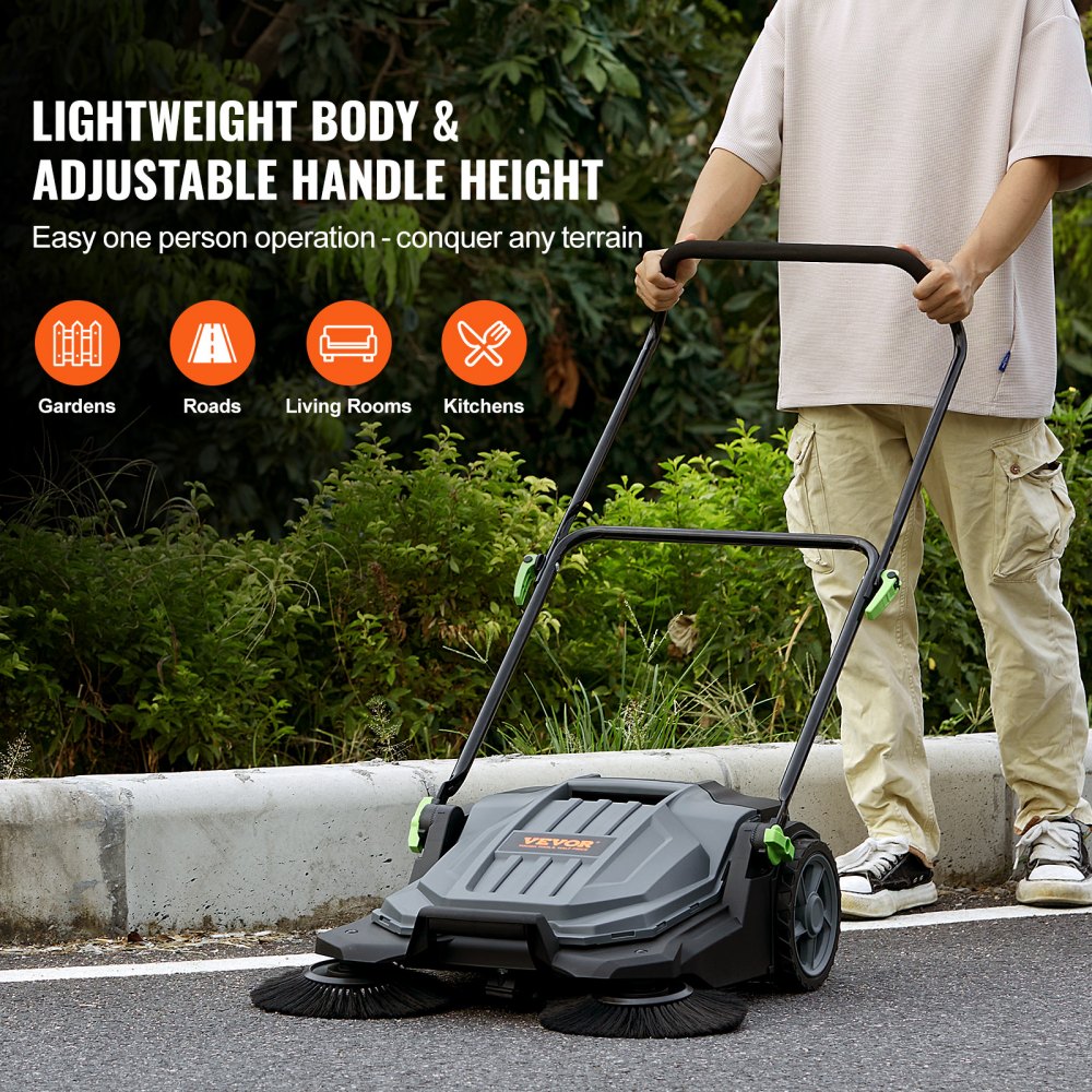 Walk-behind floor sweeper with 25.6-inch 5-gallon dustbin, folding handle with adjustable angle and height