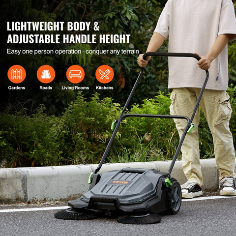 Walk-behind floor sweeper with 25.6-inch 5-gallon dustbin, folding handle with adjustable angle and height
