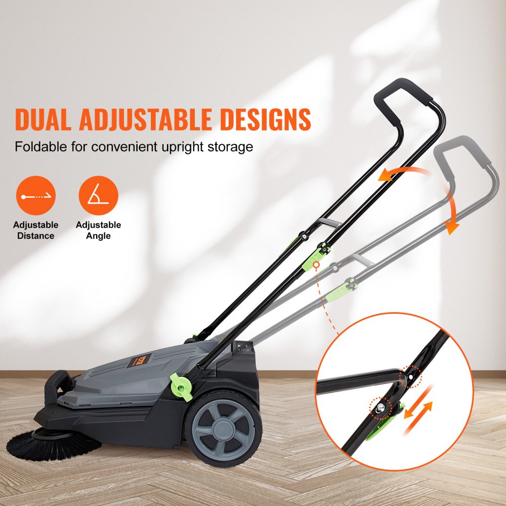 Walk-behind floor sweeper with 25.6-inch 5-gallon dustbin, folding handle with adjustable angle and height