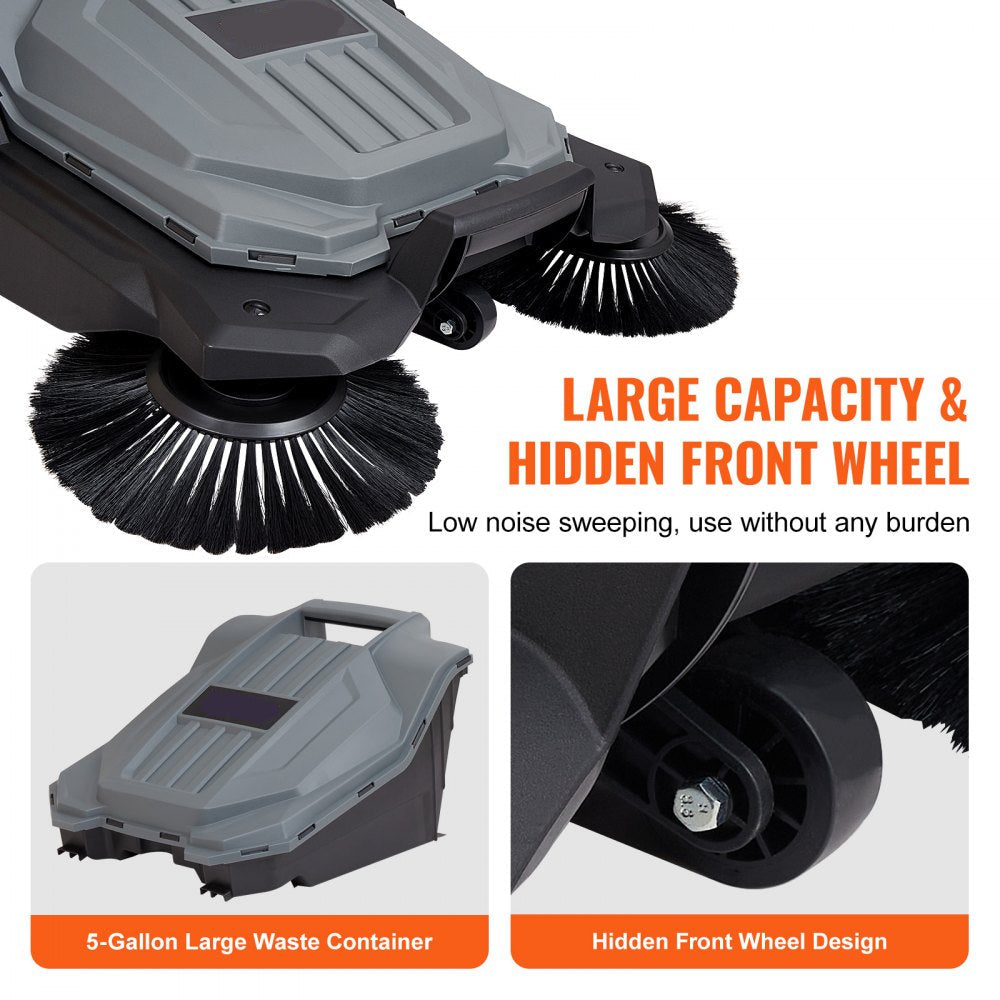 Walk-behind floor sweeper with 25.6-inch 5-gallon dustbin, folding handle with adjustable angle and height