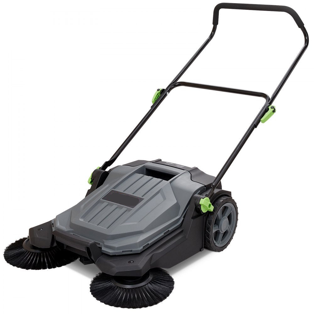 Walk-behind floor sweeper with 25.6-inch 5-gallon dustbin, folding handle with adjustable angle and height