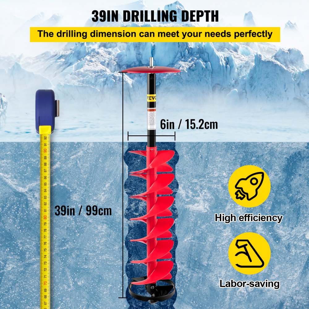 Ice Drill Auger 6in Diameter Nylon 39in Length Auger Bit with 11.8in Extension Rod Drill Adapter Top Plate Blade Guard for Ice Fishing Red