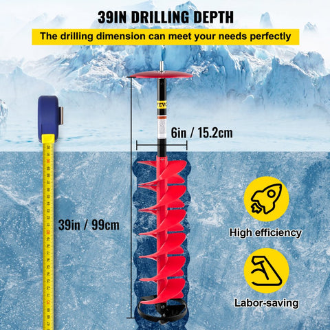 Ice Drill Auger 6in Diameter Nylon 39in Length Auger Bit with 11.8in Extension Rod Drill Adapter Top Plate Blade Guard for Ice Fishing Red