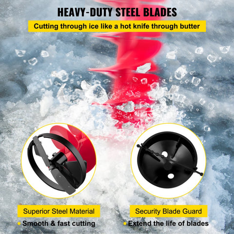 Ice Drill Auger 6in Diameter Nylon 39in Length Auger Bit with 11.8in Extension Rod Drill Adapter Top Plate Blade Guard for Ice Fishing Red