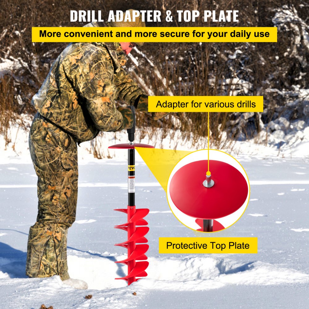 Ice Drill Auger 6in Diameter Nylon 39in Length Auger Bit with 11.8in Extension Rod Drill Adapter Top Plate Blade Guard for Ice Fishing Red
