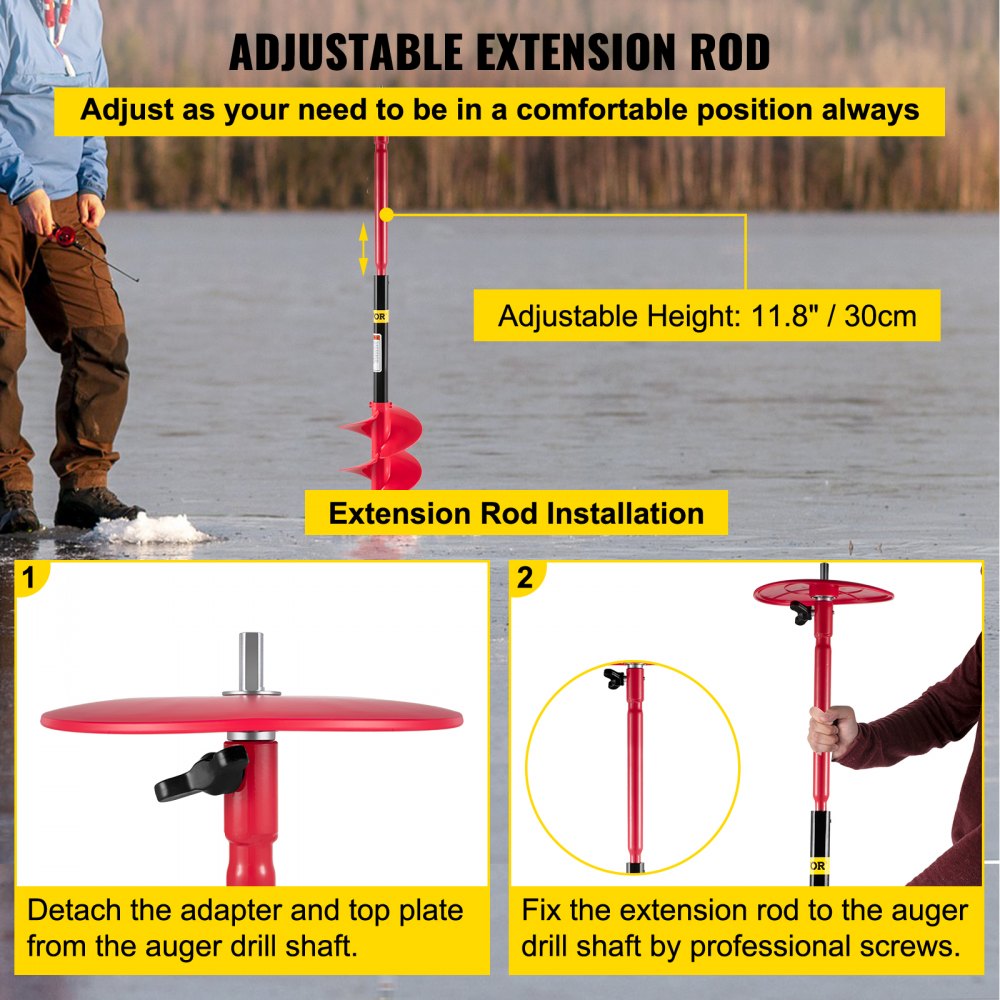 Ice Drill Auger 6in Diameter Nylon 39in Length Auger Bit with 11.8in Extension Rod Drill Adapter Top Plate Blade Guard for Ice Fishing Red