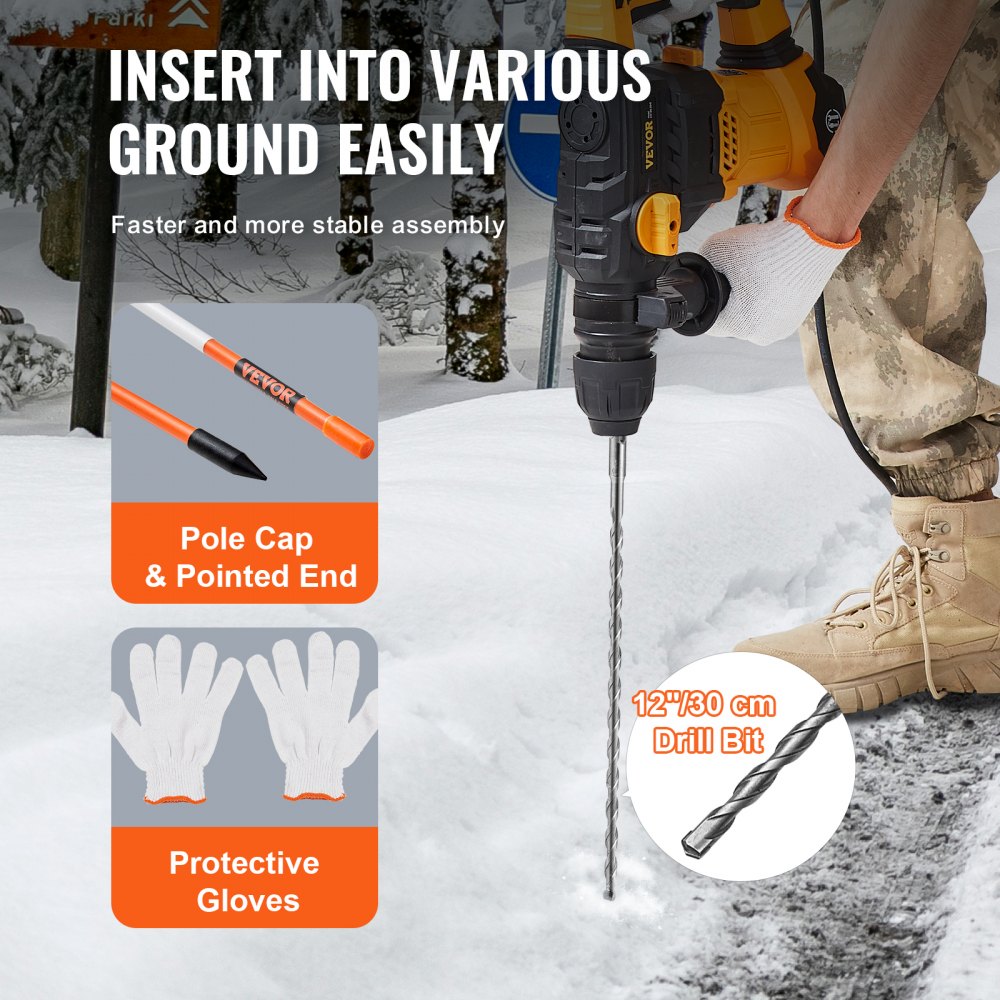50pcs Driveway Markers 48in x 0.4in Orange Fiberglass Snow Stakes with Reflective Tape 12in Steel Drill Bit and Gloves for Parking Lots Walkways Visibility