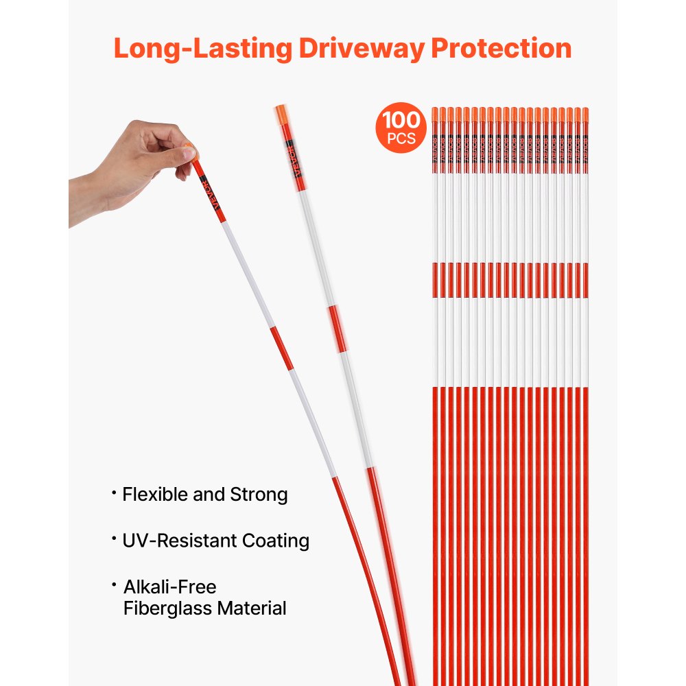 100pcs Reflective Driveway Markers 5/16" Dia 72in Snow Stakes Orange Reflectors