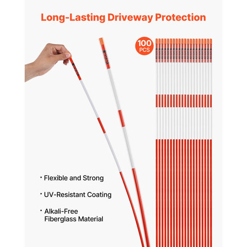 100pcs Reflective Driveway Markers 5/16" Dia 72in Snow Stakes Orange Reflectors