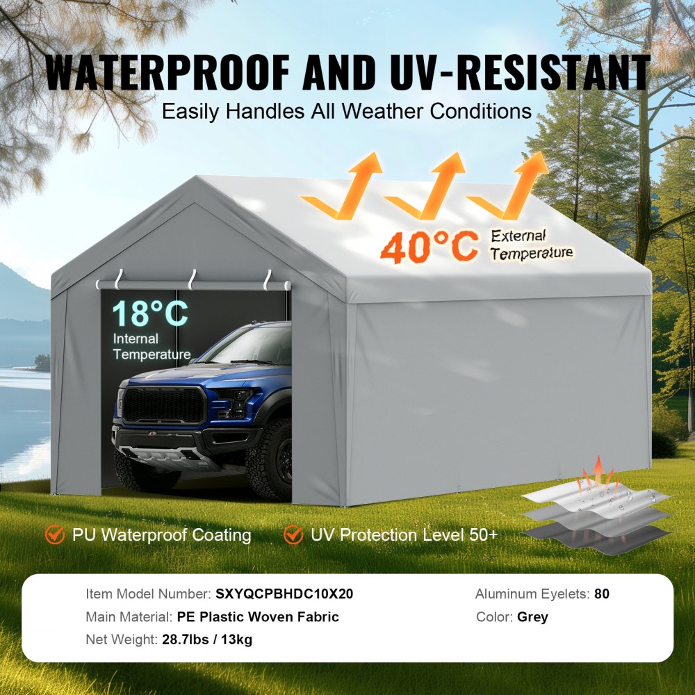 Carport Replacement Canopy Cover Top + Side Wall 10 x 20 ft, Garage Tent Shelter Tarp Heavy-Duty Waterproof & UV Protected, Easy Installation with Ball Bungees,White (Frame Not Included)