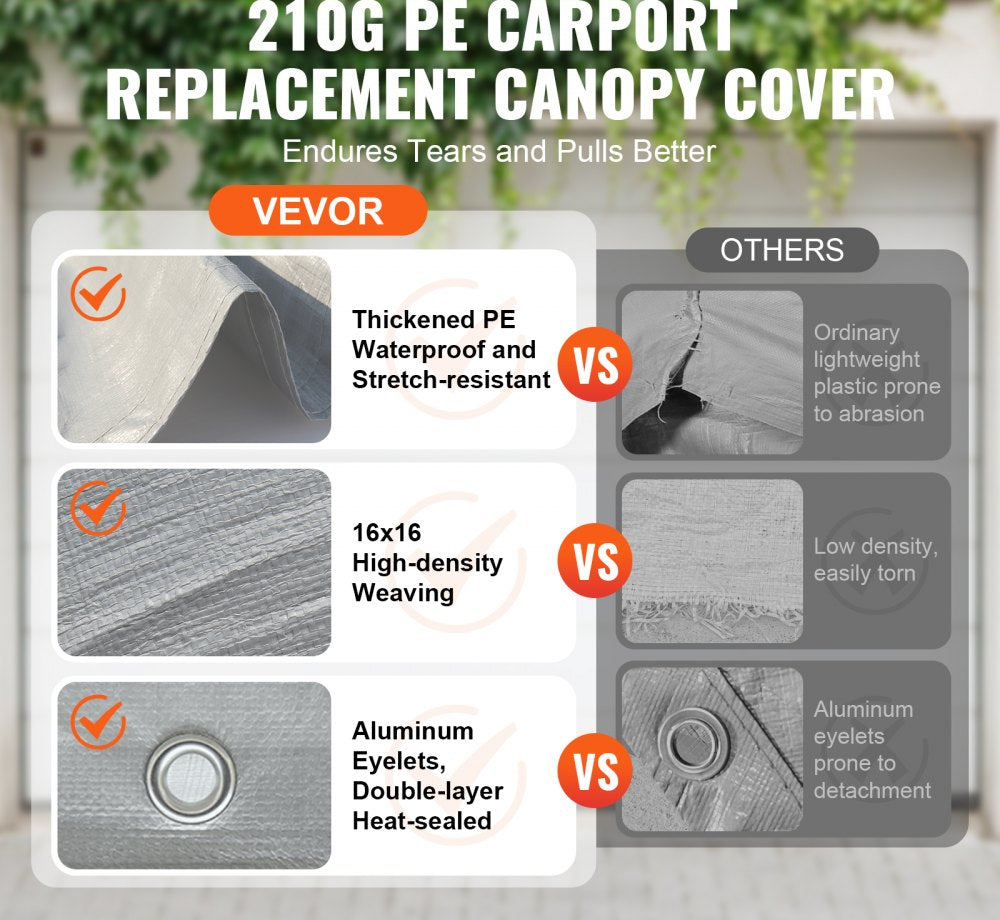 Carport Replacement Canopy Cover 10x20ft Heavy Duty Waterproof UV Protected Garage Shelter Tarp with Ball Bungees Grey Top Only Frame Not Included