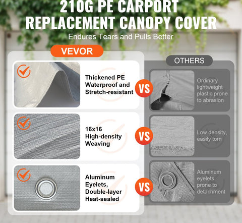 Carport Replacement Canopy Cover 10x20ft Heavy Duty Waterproof UV Protected Garage Shelter Tarp with Ball Bungees Grey Top Only Frame Not Included