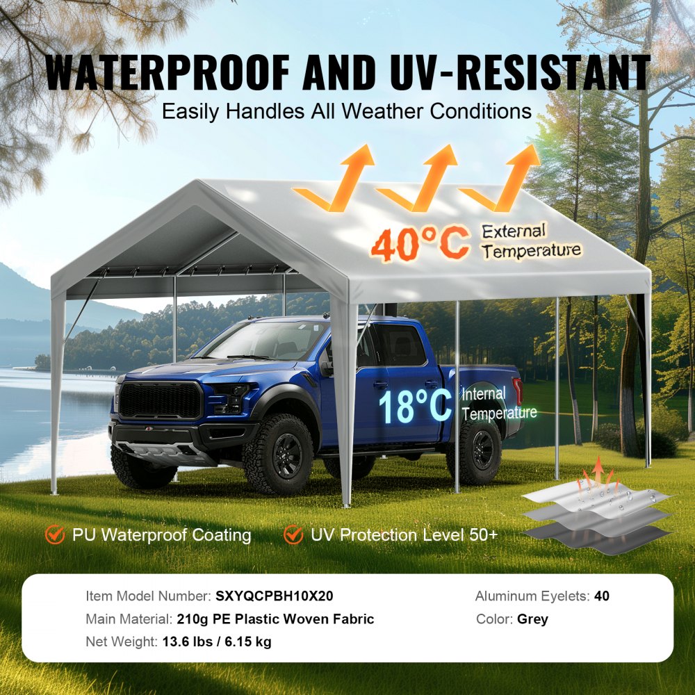 Carport Replacement Canopy Cover 10x20ft Heavy Duty Waterproof UV Protected Garage Shelter Tarp with Ball Bungees Grey Top Only Frame Not Included