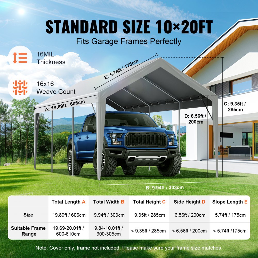 Carport Replacement Canopy Cover 10x20ft Heavy Duty Waterproof UV Protected Garage Shelter Tarp with Ball Bungees Grey Top Only Frame Not Included