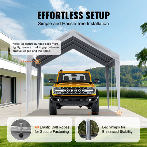 Carport Replacement Canopy Cover 10x20ft Heavy Duty Waterproof UV Protected Garage Shelter Tarp with Ball Bungees Grey Top Only Frame Not Included