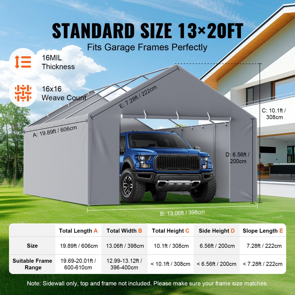 Carport Replacement Canopy Cover Side Wall 13 x 20 ft, Garage Tent Shelter Tarp Heavy-Duty Waterproof & UV Protected, Easy Installation with Ball Bungees,Grey (Top and Frame Not Included)