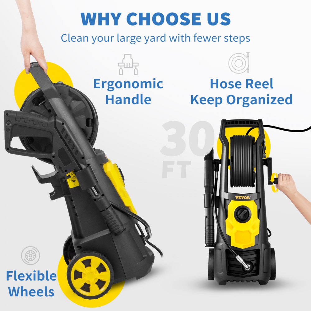 Electric Pressure Washer 2000 PSI 1.65 GPM with 30ft Hose Reel 5 Quick Connect Nozzles Foam Cannon Portable Power Washer for Patios Cars Fences Driveways ETL Listed