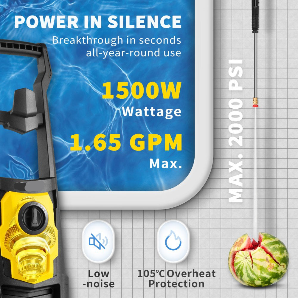 Electric Power Washer 2000 PSI 1.65 GPM with 30ft Hose Reel 5 Quick Connect Nozzles Foam Cannon Portable Pressure Washer for Patios Cars