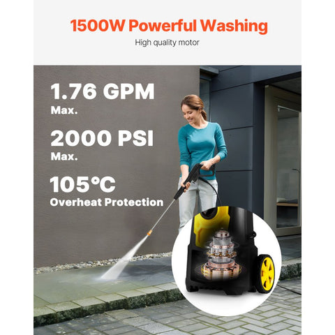 Electric Pressure Washer, 2000 PSI, Max. 1.76 GPM Power Washer w/ 30 ft Hose, 5 Quick Connect Nozzles, Foam Cannon, Portable to Clean Patios, Cars, Fences, Driveways, ETL Listed