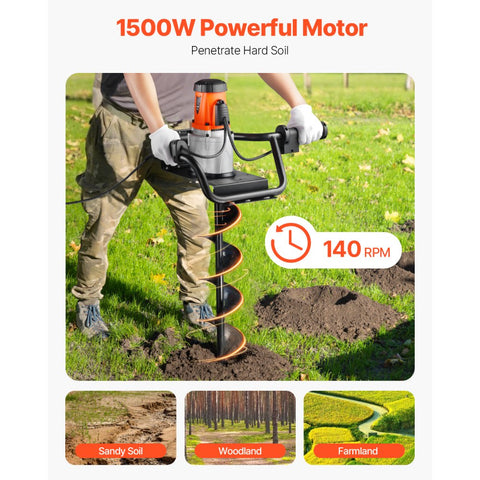 Electric Post Hole Digger 1500W Powerful Motor with 5.71 Inch Auger Bit