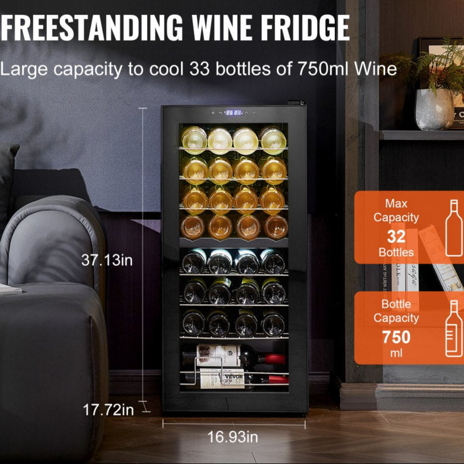 32-Bottle Wine Cooler Dual Zone Freestanding Refrigerator with LED Light