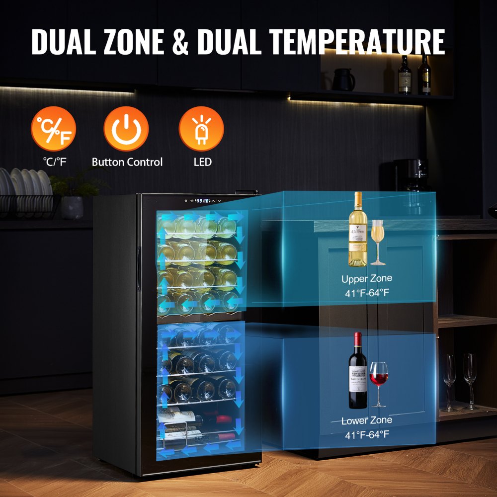 32-Bottle Wine Cooler Dual Zone Freestanding Refrigerator with LED Light