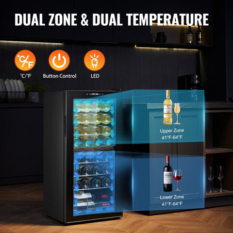 32-Bottle Wine Cooler Dual Zone Freestanding Refrigerator with LED Light