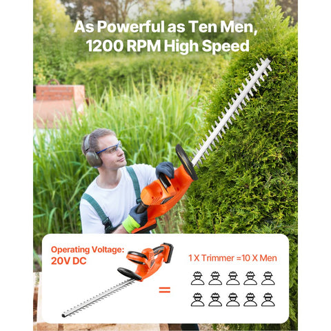 Cordless Electric Hedge Trimmer 20V Battery Powered 20in Dual Action Blade Bush Cutter