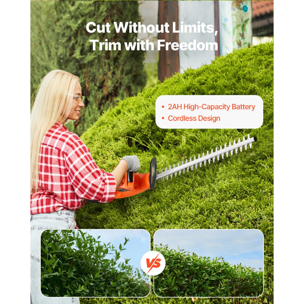 Cordless Electric Hedge Trimmer 20V Battery Powered 20in Dual Action Blade Bush Cutter