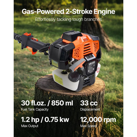 Gas Pole Saw 33cc 2 Stroke Extendable Cordless Tree Trimmer with 8in Cutting Bar