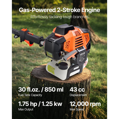 Gas Pole Saw 43CC 2-Stroke Extendable Cordless Tree Trimmer 10 in Cutting Bar